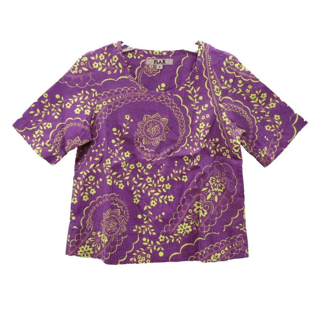 FLAX Designs Linen XS Crew Neck Purple Pullover Floral Printed Short Sleeve New